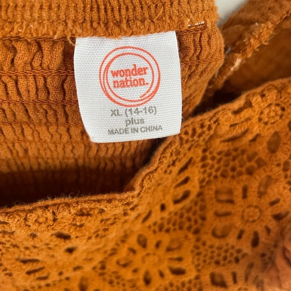 Wonder Nation Girls Terracotta Cotton Dress Ruffles and Crochet Details XL 14/16